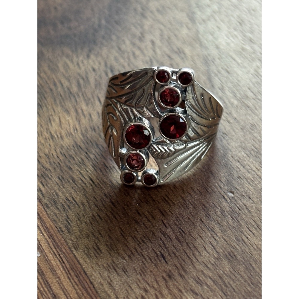 Sterling Silver Garnet Cluster Leaf Motif Ring Size 8